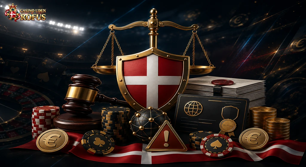 Juridisk status for casino uden ROFUS med hammer, dokumenter, skjold og dansk kontekst